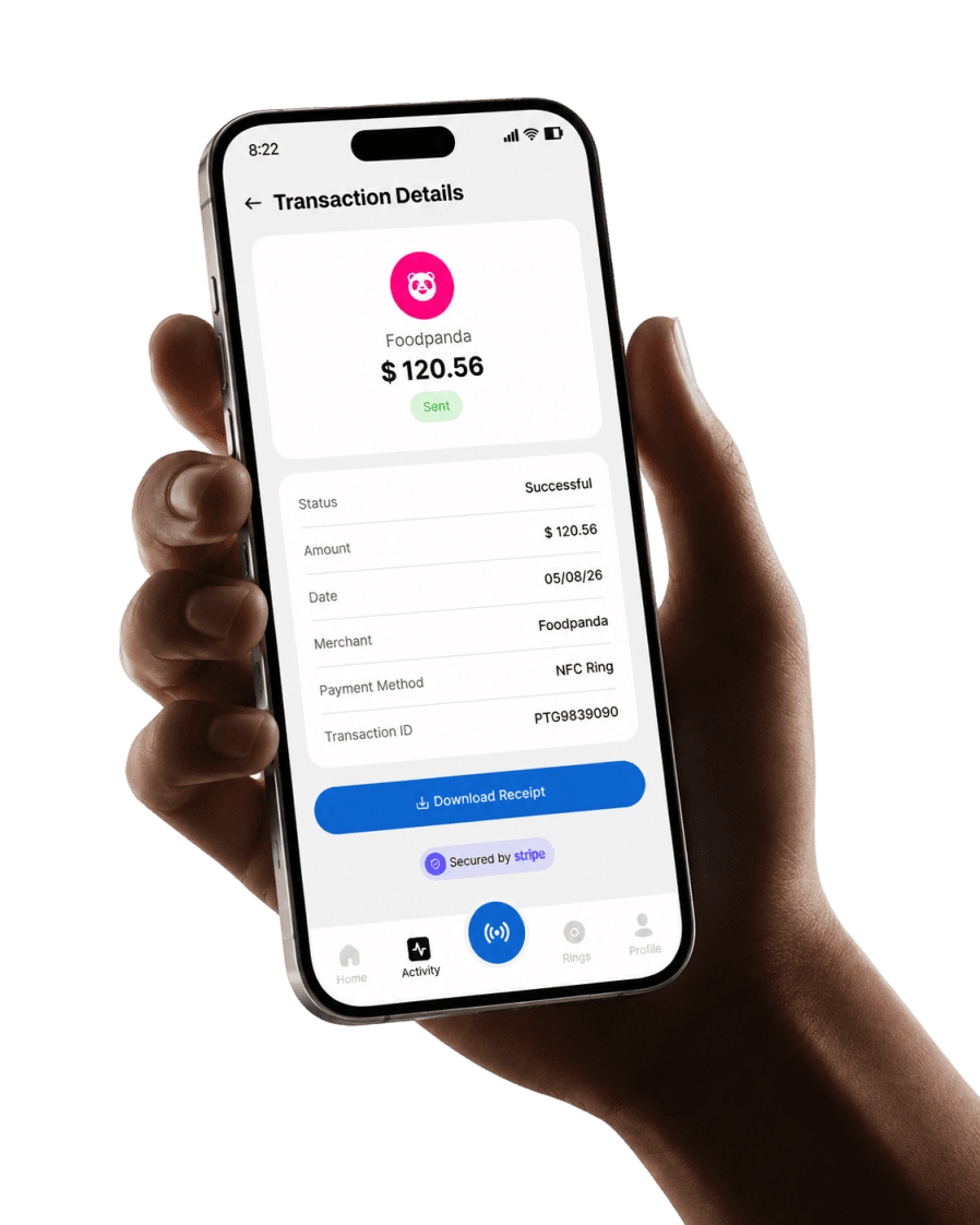 PayToGo app showing recent NFC ring transactions